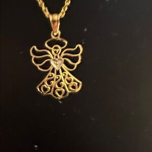 Elegant Gold 10kt Angel Pendant with silver heart and Necklace 14kt chain